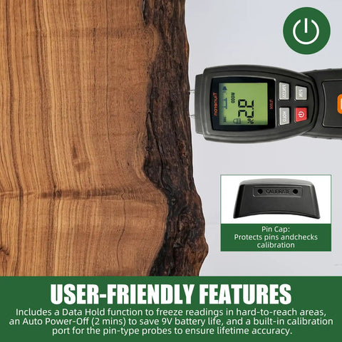 Dual Mode Moisture Meter For Wood And Building Materials Pin And Pinless 2 In 1 Moisture Detector With Backlight And Buzzer Digital Water Leak Tester For Hardwood Softwood Drywall And Masonry. Pin cap shown on wood