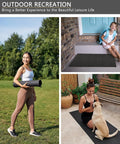 Collage of a woman holding a black yoga mat outdoors, a woman sitting on a porch with a mat, and a woman exercising with a dog on a black mat.