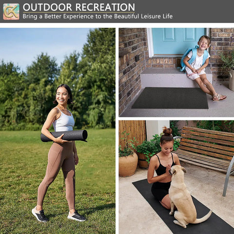 Collage of a woman holding a black yoga mat outdoors, a woman sitting on a porch with a mat, and a woman exercising with a dog on a black mat.