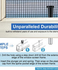 Bulletproof Window Screen Plunger Latches With Black Locking Caps Keeps Screens Locked Tight Beats Flimsy Plastic Pins Rock Solid DIY Upgrade Easy Eight Pack Replacement installation guide showing steps for durable screen pin usage.