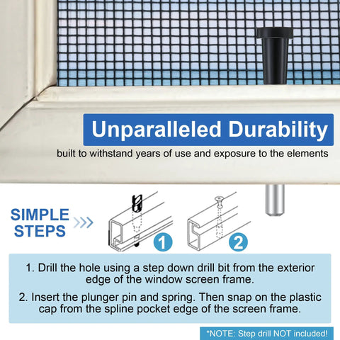 Bulletproof Window Screen Plunger Latches With Black Locking Caps Keeps Screens Locked Tight Beats Flimsy Plastic Pins Rock Solid DIY Upgrade Easy Eight Pack Replacement installation guide showing steps for durable screen pin usage.