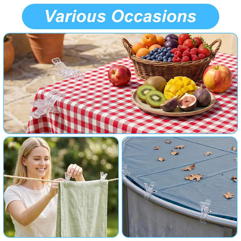 30 Pack Balloon Arch Clamps For Backdrops used on picnic table, hanging cloth and pool cover, 3.5 inch plastic clips, easy setup and secure hold.