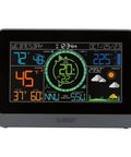 Pro Grade Wireless Color Weather Station With Cyclone Sensor And Atomic Time Display showing temperature and forecast.
