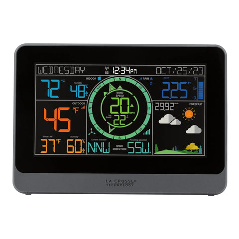 Pro Grade Wireless Color Weather Station With Cyclone Sensor And Atomic Time Display showing temperature and forecast.