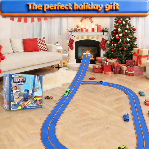 Living room with Portable 15 Foot Flexible Race Car Track Set For Kids With One Sixty Four Scale Rebound Cars under Christmas decor