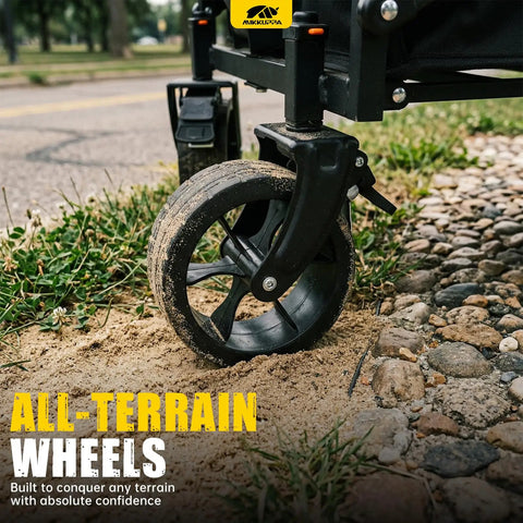 Foldable Dog Wagon Cart With Drop-Down Tailgate, Heavy Duty All-Terrain Wheels on dirt and gravel