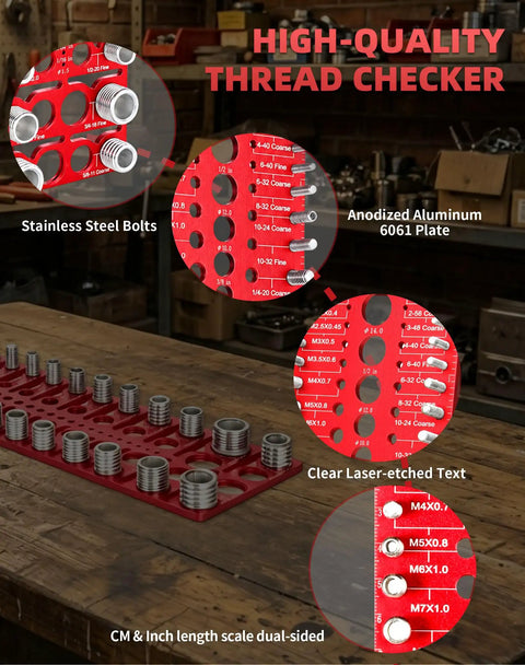Handy Thread Gauge Kit With 22 SAE And 18 Metric Thread Sizes, 26 Drill Bit Gauges on wooden workbench in a workshop