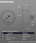 Fuel pressure gauge, 1.5" dial, 0–100 psi, back-mount 1/8" NPT, stainless steel, glycerin-filled, front and side views