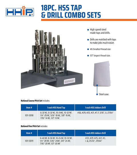 18 Piece High Speed Steel Tap And Drill Combo Set with Precision Hand Taps in steel case, chart of taps and drills included
