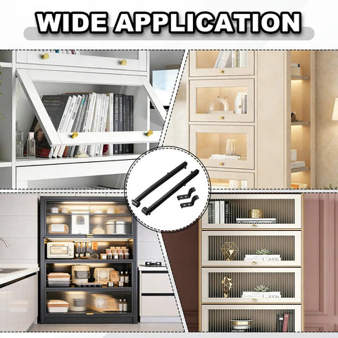 Wide application of Heavy Duty Flip Up Drawer Slides 185 Millimeter in modern cabinets, showcasing various stylish storage solutions.