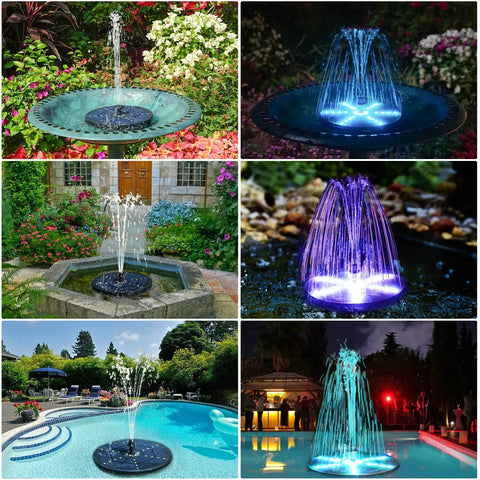 Outdoor setups featuring Solar Fountain Pump With Battery Power 4W Bird Bath Kit, 7 Nozzles, 30 LED Star Lights, 4000 mAh Battery, 4 Fixers