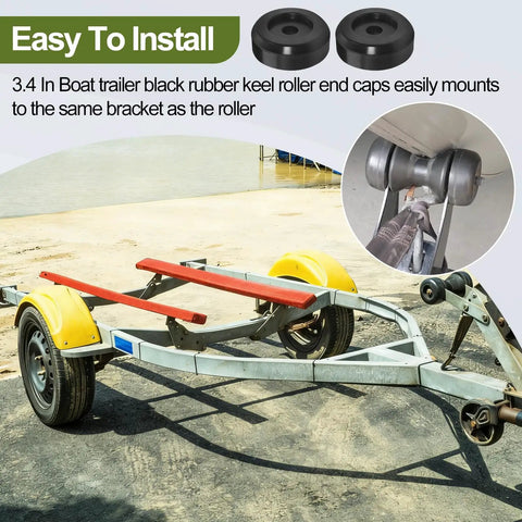 Boat Trailer Keel Roller End Caps 3.5 Inch Black Rubber Fits Keel Spool Rollers on Trailer, heavy duty protection shown