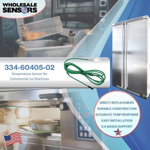 Green Cabinet Temperature Sensor Replacement 334-60405-02 Direct Fit OEM Quality for Commercial Refrigeration, Plug-and-Play Precision. Image of sensor with green cable and metal connectors.