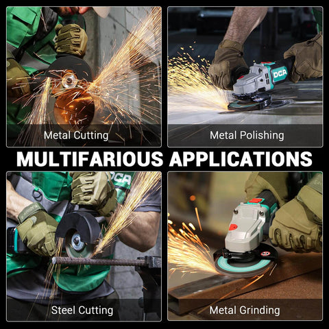 Person using Cordless 4-1/2 Inch Angle Grinder With 20V Brushless Motor for metal cutting, polishing, steel cutting, and grinding.