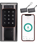 Keyless Entry Door Lock No Key Fumbles With Fingerprint And Keypad Bluetooth Smart Deadbolt For Front Door Anti Peeping Password Auto Lock Easy Install Oil Rubbed Bronze Finish Five In One Access Fingerprint Password Bluetooth IC Card shown with smartphone app on screen next to lock.