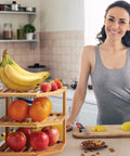 Total Kitchen Game Changer, Super Handy Bamboo Corner Shelf, 3 Tier Plate Rack, Easy Peasy Cabinet Organizer For Spices, Bowls, Mugs, And Snack Jars, Smart Space Saving Storage Solution with fruits.