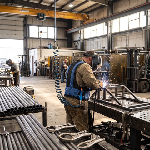 Air Compressed Cooling Vest For Industrial Crews Featuring Vortex Tube Tech worn by worker in welding shop, adjustable cotton oxford material.