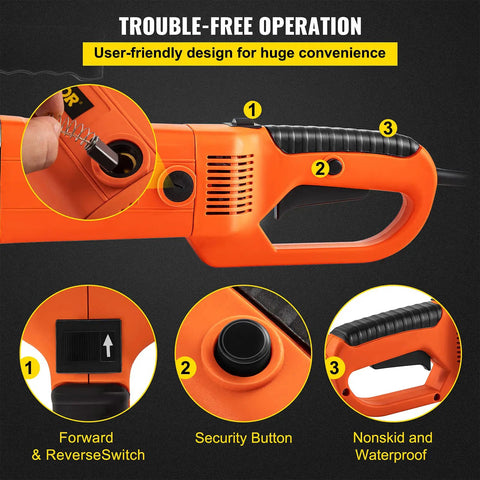 Close-up of VEVOR 2300W Electric Pipe Threader Machine handle showing user-friendly controls and nonskid grip.