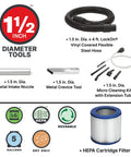 Heavy Duty Beast 5 Gallon Ash Dry Vacuum accessories including 4 ft hose, nozzle, crevice tool, cleaning kit, and HEPA filter