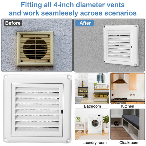 Before and after installation of 12 Pack 4 Inch Louvered Vent Covers For Exterior Vents With Built In Fly Screen Mesh And 4 Screws Easy Installation