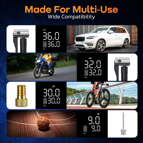 Digital gauge displays for Super Slick 150 Psi Portable Tire Inflator for car, motorcycle, bicycle, and sports ball use.