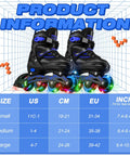 Adjustable Kids Inline Skates For Boys And Girls Aged 4 To 12 With Lit Up Wheels, size chart, black skates, blue accents