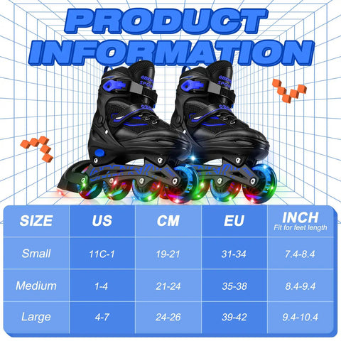 Adjustable Kids Inline Skates For Boys And Girls Aged 4 To 12 With Lit Up Wheels, size chart, black skates, blue accents