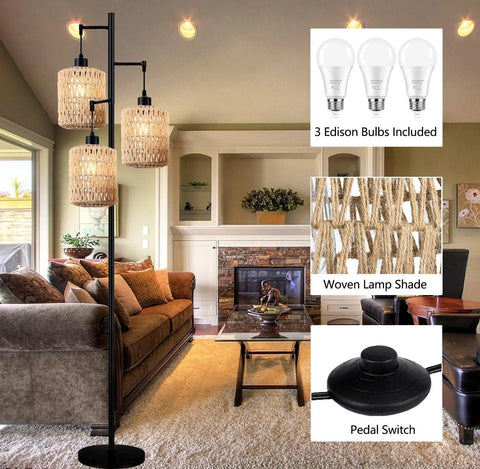 Boho Bamboo Floor Lamp With Remote Dimmer And Dimmable Bulb Warm Cozy Glow For Living Room Or Bedroom Black Industrial Farmhouse Tall Corner Lamp With Wicker Shade featuring woven lamp shade and pedal switch in cozy living room setting.