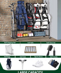 Four Golf Bag Storage Organizer Stand showing four bags, clubs, accessories on rack in garage setting; durable space-saving solution.
