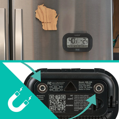 La Crosse Technology wireless refrigerator/freezer thermometer with magnetic back, black plastic, dual-sensor display