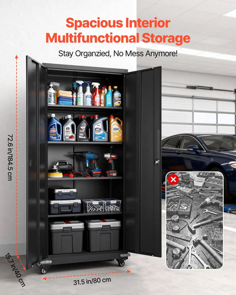 Beefy Rolling Metal Storage Cabinet With Five Adjustable Shelves Two Magnetic Doors And Two Keys Lockable Tool Organizer