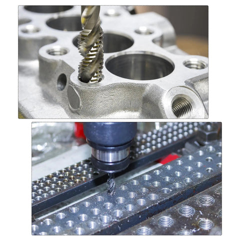 M5 x 0.8 Spiral Flute Tap For Metric Threads With HSS Nitriding Coated Finish, Right Hand Cut, installed in metal with drilling machine
