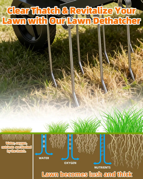 48 Inch Tow Behind Dethatcher With 24 Rustproof Tines And Heavy Duty Tires for Lawn Tractors ATVs UTVs shown in grass