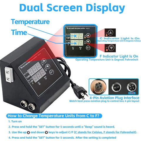 K Type Heat Press Control Box Replacement For 15x15 Inch Heat Press With Dual Temperature And Time Display 1400W Power