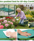 2 In 1 Garden Kneeler And Seat With Tool Side And Tote Bags Heavy Duty Foldable Gardening Stool for kneeling or sitting, used by a woman in a garden.
