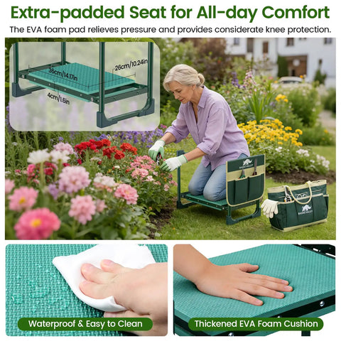 2 In 1 Garden Kneeler And Seat With Tool Side And Tote Bags Heavy Duty Foldable Gardening Stool for kneeling or sitting, used by a woman in a garden.