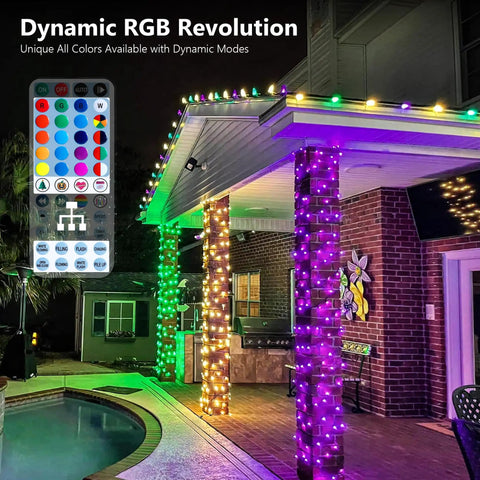Color Changing Christmas Lights 33ft 100 LEDs RGB Red White Blue With Remote Dimmable USB Indoor Decor on patio pillars
