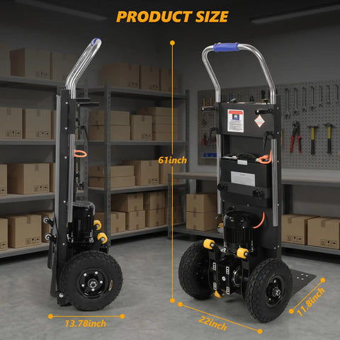 Heavy Duty Electric Stair Climbing Dolly With 1500W Motor, measuring 61x22x13.78 inches, designed for moving heavy loads.