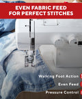 Front view of a white sewing machine with walking foot attachment sewing denim fabric
