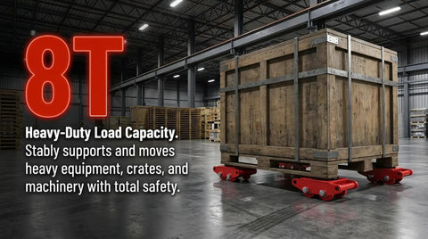 4 Piece Heavy Duty Machinery Skates Set With 8 Ton Total Load Capacity, Each Unit Handles Up To 2 Tons, Built For Smooth Cargo Moving And Industrial Equipment Handling; red steel skates under wooden crate