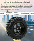 4x 1:10 RC Off Road Wheel Tires Set With 5 Spoke Rim 12mm Hex Drive showing off-road tire with urban skyline background
