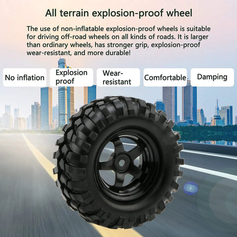 4x 1:10 RC Off Road Wheel Tires Set With 5 Spoke Rim 12mm Hex Drive showing off-road tire with urban skyline background