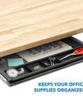 Under Desk Pencil Drawer With Ball Bearing Slide-Out Organizer for office supplies, paper, and pencils, partially extended under wooden desk