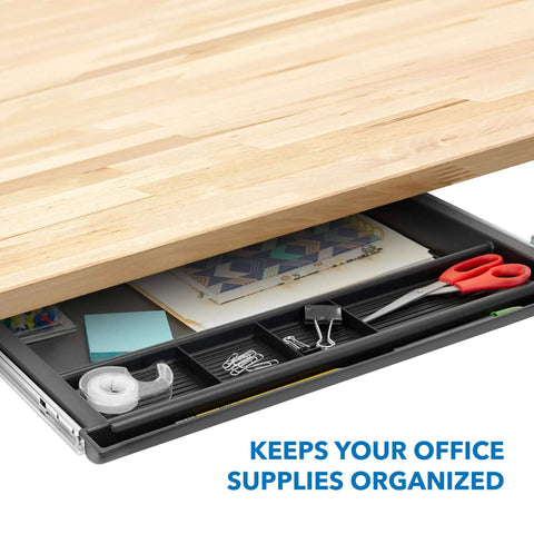 Under Desk Pencil Drawer With Ball Bearing Slide-Out Organizer for office supplies, paper, and pencils, partially extended under wooden desk