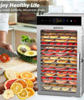 Hella Big 18 Tray Stainless Steel Food Dehydrator Machine With Smooth Touch Panel And 24 Hour Timer For Prepping Jerky Herbs Meats And Veggies With Zero Fuss At Home Or Shop, displaying fruits on racks.