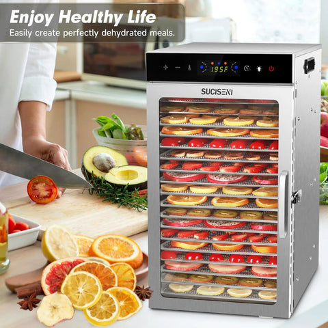 Hella Big 18 Tray Stainless Steel Food Dehydrator Machine With Smooth Touch Panel And 24 Hour Timer For Prepping Jerky Herbs Meats And Veggies With Zero Fuss At Home Or Shop, displaying fruits on racks.