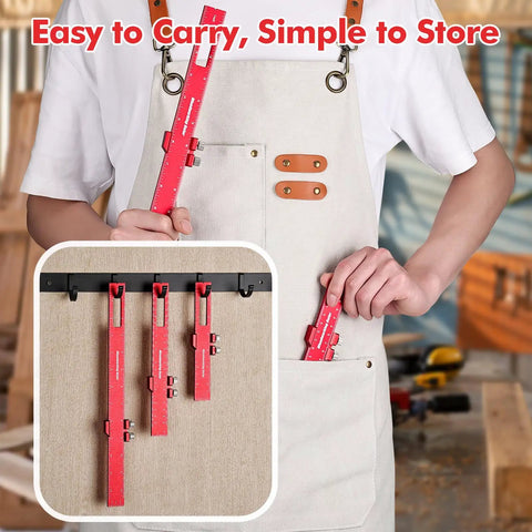 3 Piece Woodworking Straightedge Ruler Set With Sliding Stop Blocks Dead On Accuracy shown in use, featuring red aluminum rulers and locks