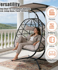 Woman relaxing on double hanging egg chair with canopy and stand for two people, outdoor rattan hammock swing chair with 700 lbs capacity.