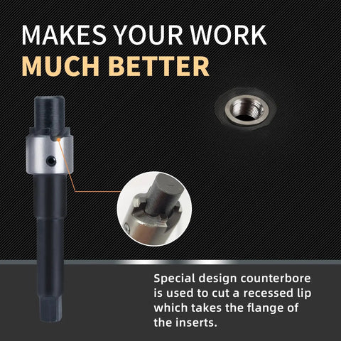 M14x1.5 Thread Repair Kit With Stainless Steel Inserts, Drill, Tap, Counterbore, Install Driver, Guides, shown with counterbore.