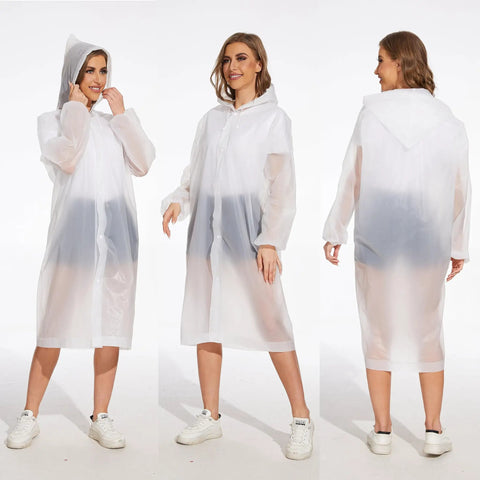 Woman wearing 2 Pack Reusable Rain Ponchos For Adults With Hood And Drawstring, Waterproof EVA Rain Gear For Men And Women, front, side, back view